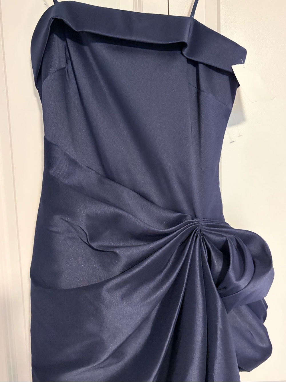 Satin Draped Navy Blue Evening Gown - Picture 10 of 12